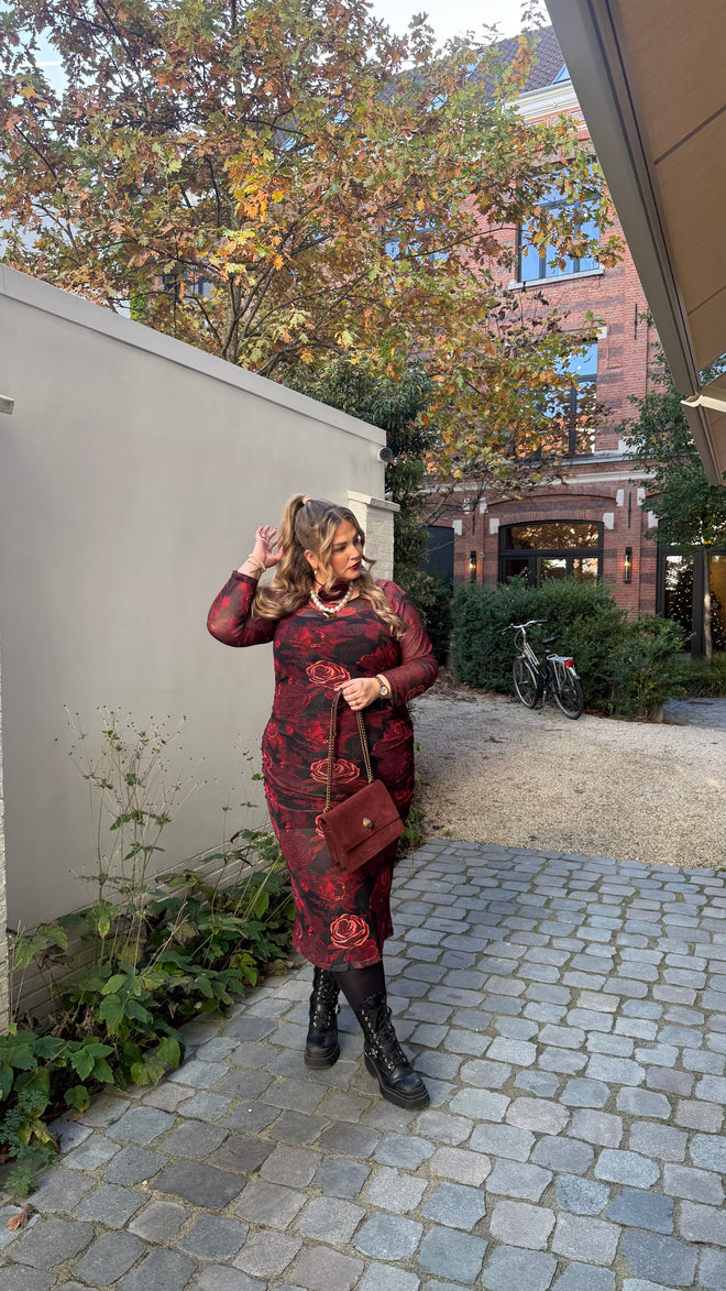 Burgundy dress floral print 92455 by Curviss