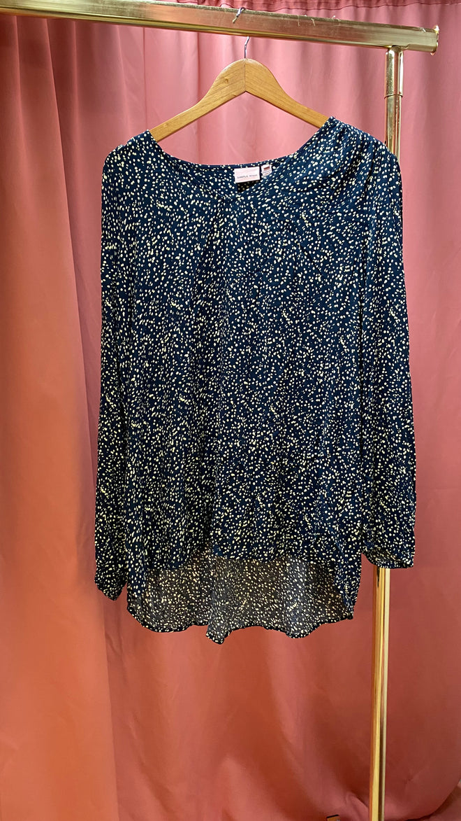 Secondhand blauwe blouse met groene/gele stipjes: Simple Wish S6