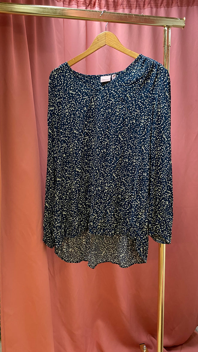 Secondhand blauwe blouse met groene/gele stipjes: Simple Wish S6