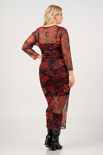 Burgundy dress floral print 92455 by Curviss