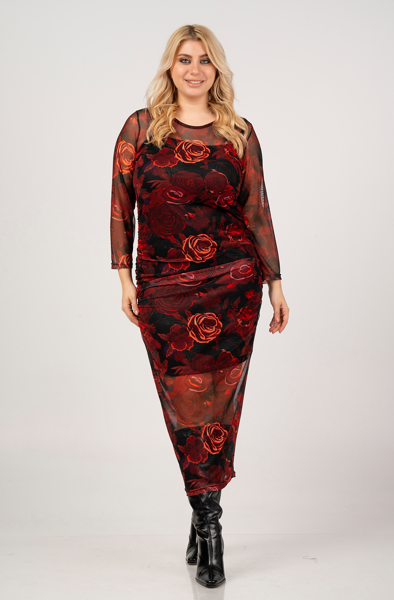 Burgundy dress floral print 92455 by Curviss